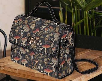 Forest Mushrooms Black Canvas Satchel Bag Dark Cottagecore Top Handle Bag Hippies Boho Gift Vegan Leather Witchy Toadstool Purse Forstcore