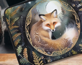 Housse pour ordinateur portable Lunar Fox, housse pour ordinateur portable en noyau cottage foncé, housse pour tablette IPad en renard, sac rembourré pour ordinateur portable imprimé renard mystique, cadeau pour amoureux du renard forestier