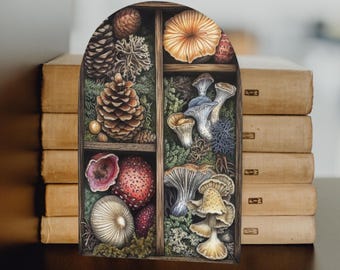 Sujetalibros de naturaleza, sujetalibros de bosque mágico, soporte decorativo para libros, soporte de madera para libros, decoración de oficina con forma de seta, regalo para amantes de los libros, seta venenosa