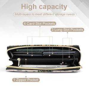 K&ouml;nnte beinhalten: Offene braune und gr&uuml;ne Blumenmuster-Geldb&ouml;rse mit mehreren Kartenf&auml;chern, einer Rei&szlig;verschlusstasche und langen F&auml;chern f&uuml;r Geldscheine. Der Text "High capacity" und "Multi-layers to meet different storage needs" befindet sich &uuml;ber der Geldb&ouml;rse. Der Text "4 Card Slot Pockets", "1 Zipper Pocket" und "3 Long Slot Pockets" ist auf der Geldb&ouml;rse beschriftet.