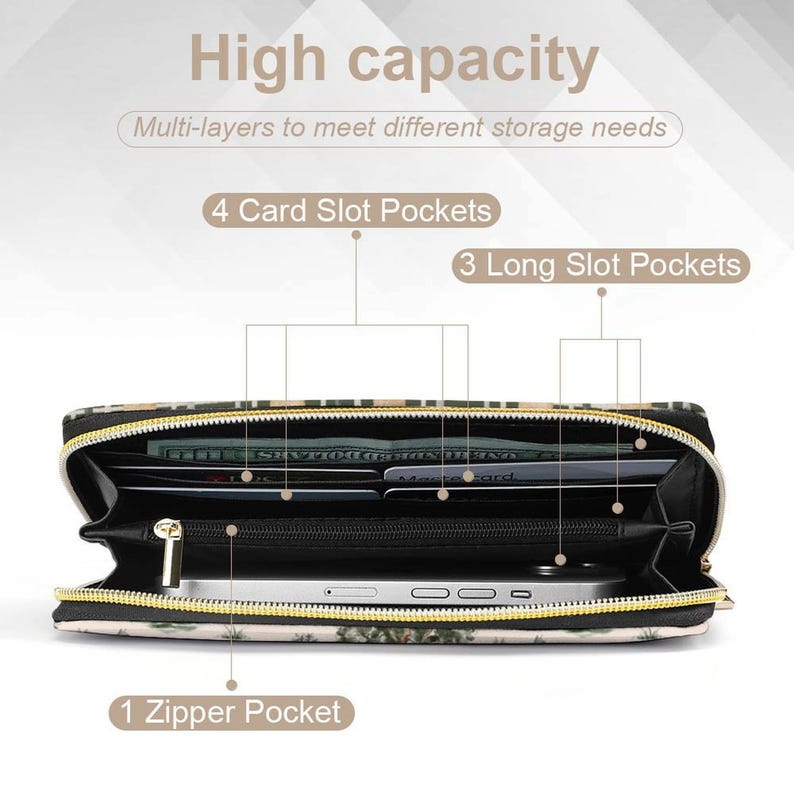 K&ouml;nnte beinhalten: Offene braune und gr&uuml;ne Blumenmuster-Geldb&ouml;rse mit mehreren Kartenf&auml;chern, einer Rei&szlig;verschlusstasche und langen F&auml;chern f&uuml;r Geldscheine. Der Text "High capacity" und "Multi-layers to meet different storage needs" befindet sich &uuml;ber der Geldb&ouml;rse. Der Text "4 Card Slot Pockets", "1 Zipper Pocket" und "3 Long Slot Pockets" ist auf der Geldb&ouml;rse beschriftet.