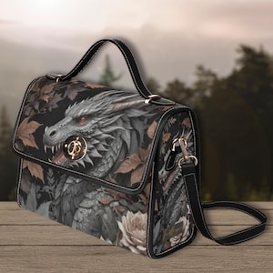 Dark Dragon Canvas Satchel bag, fantasy dragons purse , dark academia crossbody bag, vegan purse, dragon gift, gothic dragon, chinese dragon