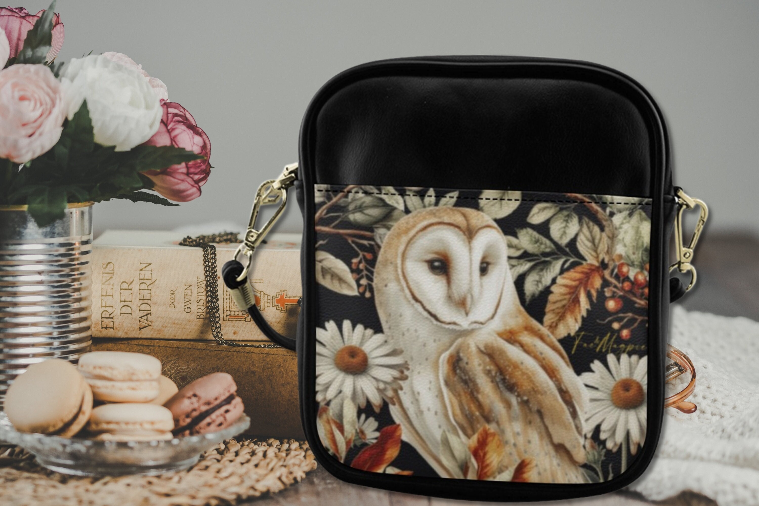 Barn Owl Sling Bag, Autumn Cottagecore Crossbody, Vegan Leather Strap