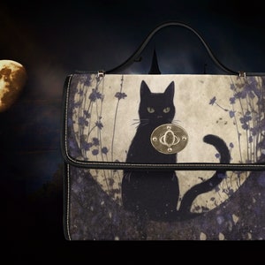 Sac cartable en toile Witches Cat, sac à bandoulière avec poignée sur le dessus witchy cat, sac à main witchcore pour femme chat noir mystique, sac à main chat universitaire sombre