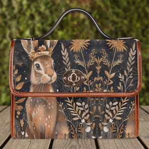 Royal Hare Cottagecore Canvas Satchel Bag, black Top Handle Shoulder Bag , rabbit purse dark academia handbag, nature lover bag