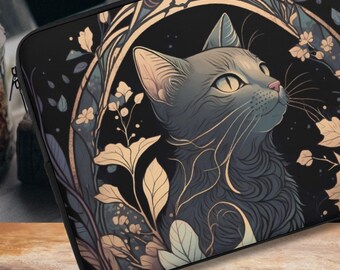 Mystic Cat Witchy laptophoes, donkere cottagecore kat laptoptas, heks iPad tablethoes, kattenliefhebber gewatteerde laptoptas heksenkat cadeau