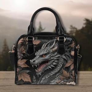 Dark Dragon Bowler Bag, chinese dragon purse, top handle bag with shoulder strap, fantasy dragon bag, bohemian hippie bag, black dragon bag
