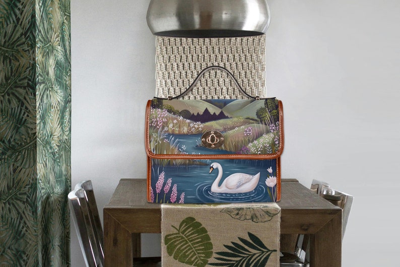 Swan Lake Retro Canvas Satchel Bag, bird cottagecore crossed body bag, blue floral bag, vegan leather bag, swan lover purse gift, white swan, fae and magpie