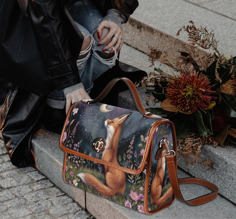 Moon Gaze Fox Purse, dark cottagecore fox, retro satchel handbag, forest fox bag, cute fox bag, vegan leather shoulder bag, fox lover gift, fae and magpie