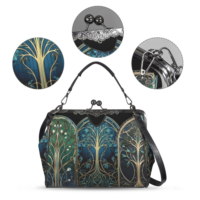 Tree of Life Vintage Bag, Kisslock Crossbody Shoulder Bag, Stained Glass Blue Green Purse, Gothic Church Handbag, Black Top Handle Bag