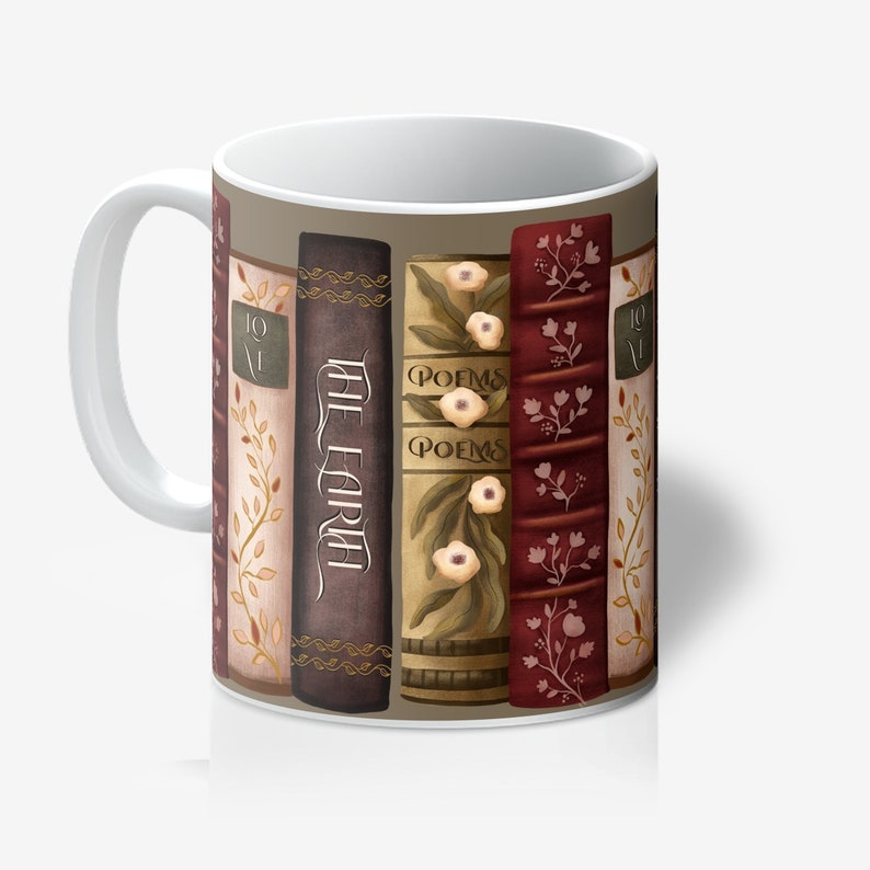 Bookish Cottagecore Mug, dark academia mug, book lover gift, coffee and books cup, librarian style decor, librarycore brown mug, preppy mug, fae and magpie