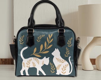 White Cats Bowler Bag, Teal Faux Leather Top Handle, Cat Lover Gift