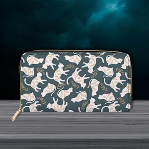 Monedero con gatos blancos, regalo para amantes de los gatos, cartera con gato para mujer, monedero con cremallera azul y dorado, cartera con gato estilo cottagecore, monedero hippie bohemio, regalo para gatos