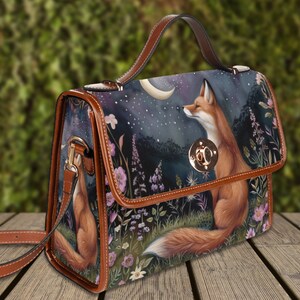 Moon Gaze Fox Purse, dark cottagecore fox, retro satchel handbag, forest fox bag, cute fox bag, vegan leather shoulder bag, fox lover gift, fae and magpie