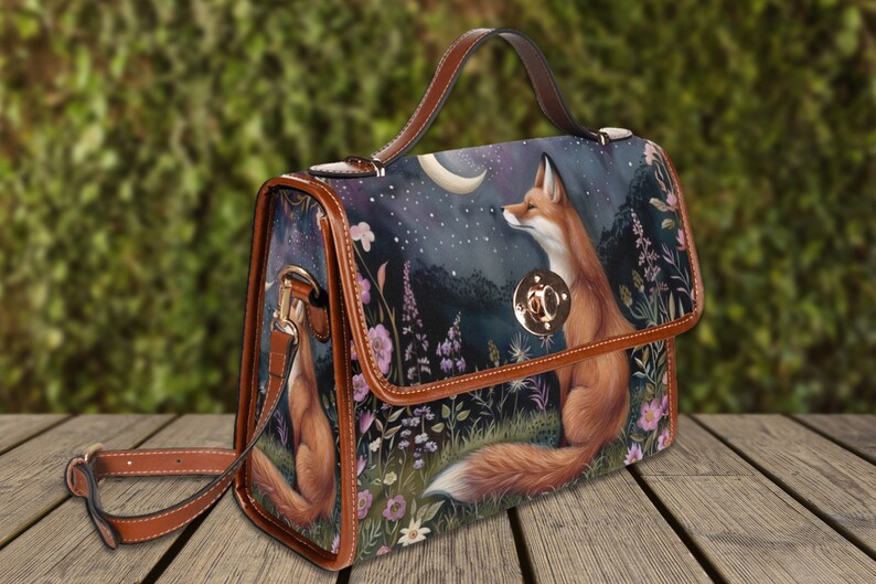 Moon Gaze Fox Purse, dark cottagecore fox, retro satchel handbag, forest fox bag, cute fox bag, vegan leather shoulder bag, fox lover gift, fae and magpie