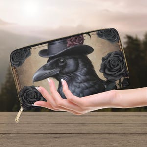 Monedero con sombrero de copa de cuervo, cartera de mano gótica de bruja, bolso victoriano de cuervo, cartera de cuervo de Dark Academia, regalo de cuervo, monedero de cuervo negro