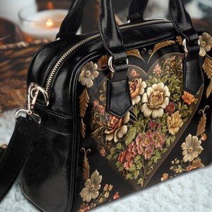 Vintage Victorian Love Heart Bowler Handbag, gothic top handle bag with shoulder strap, dark academia goth bag, victorian vampire bag, Fae & Magpie