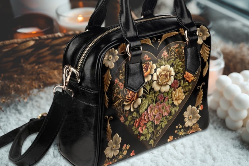 Vintage Victorian Love Heart Bowler Handbag, gothic top handle bag with shoulder strap, dark academia goth bag, victorian vampire bag, Fae & Magpie