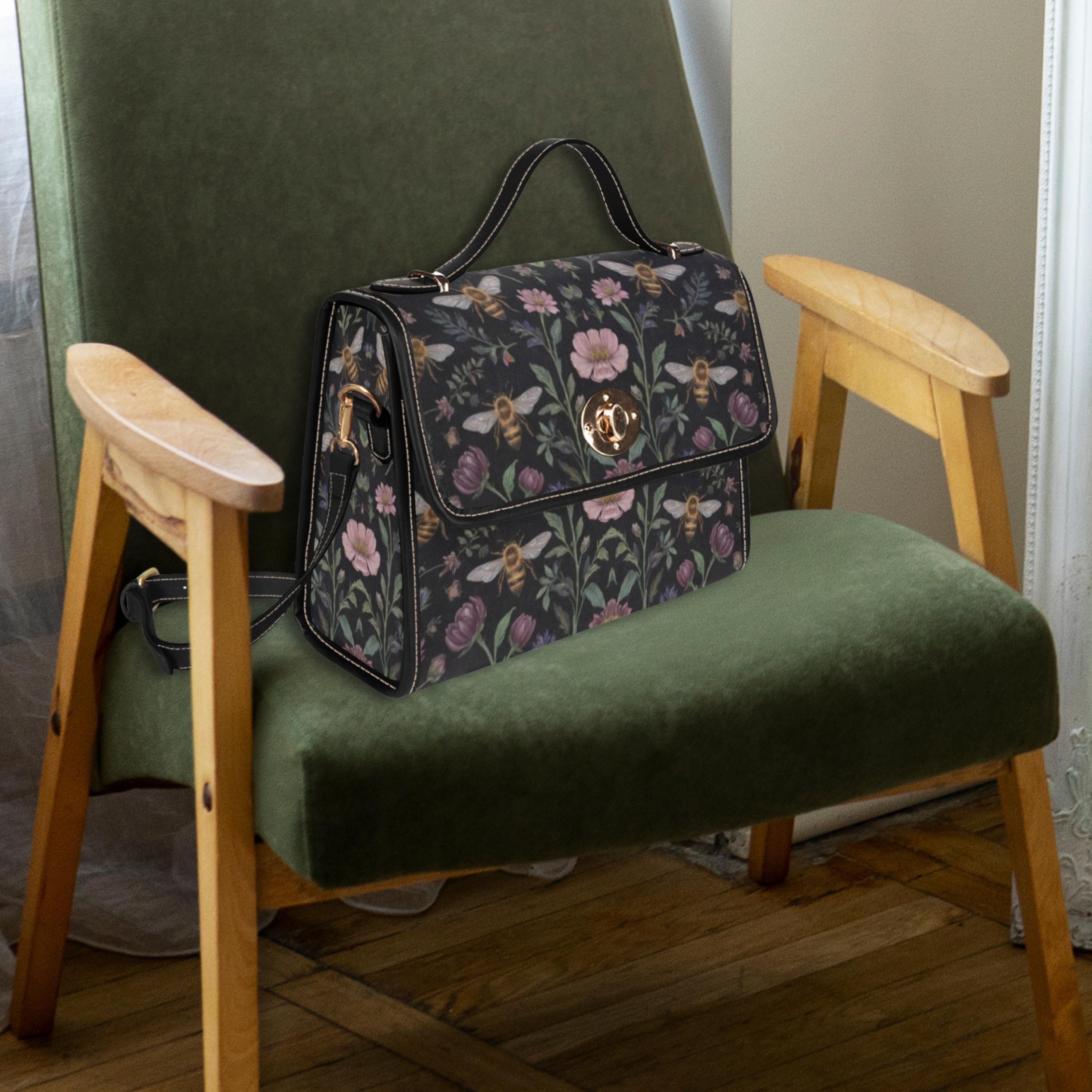Floral Bees Cottagecore Canvas Satchel Bag, Bee Top Handle Shoulder Bag ...