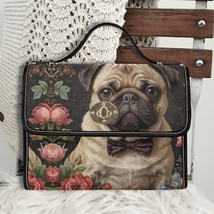 Sac à main carlin carlin, sac à bandoulière en cuir végétalien noir avec noeud papillon, cadeau pour chien, sac à main pour chien cottagecore, sac pour amoureux des chiens, cadeau carlin