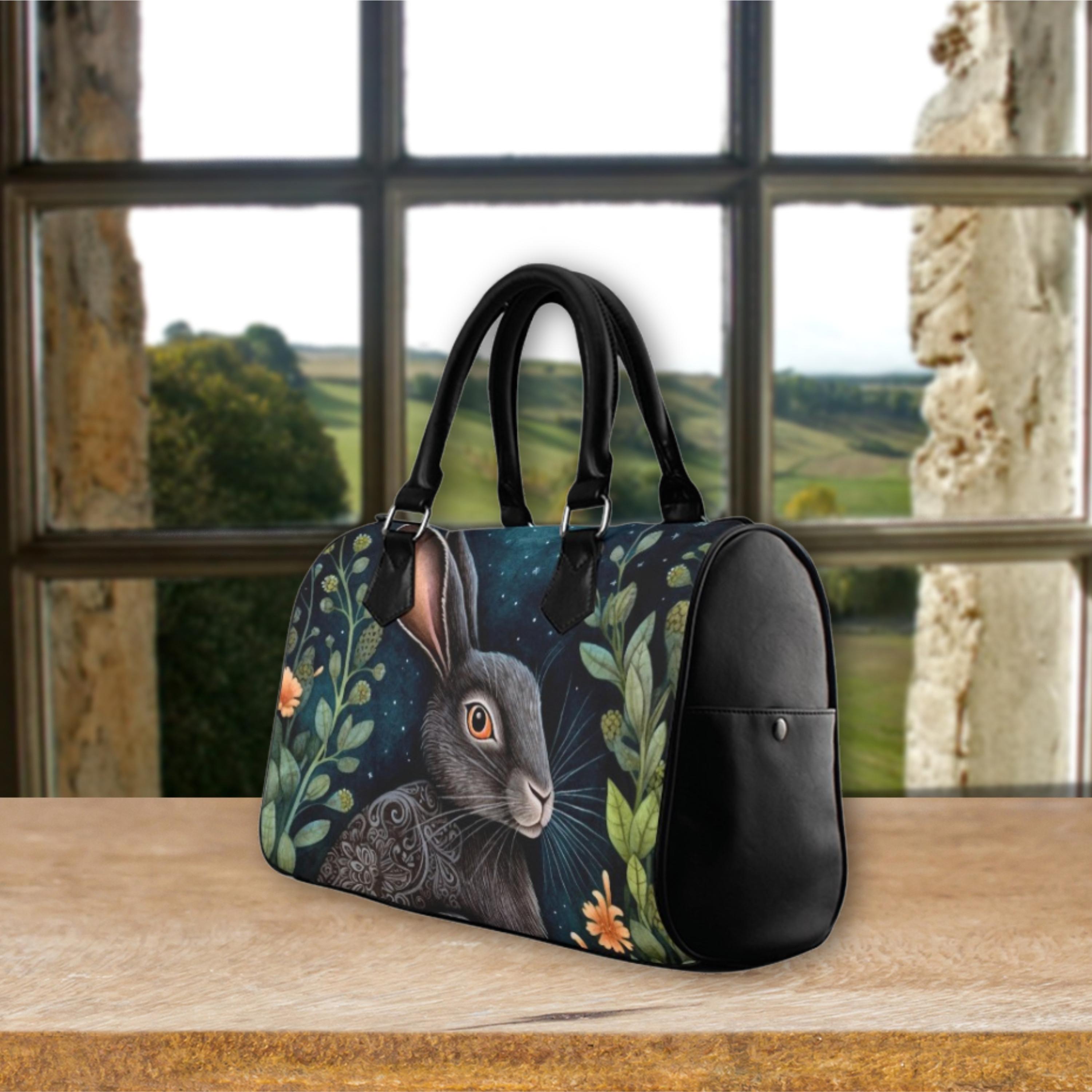 Midnight Hare Boston Bag, Dark Cottagecore Purse, Autumn Fox Bag