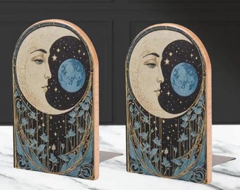 Blue Moon Art Deco Bookends, Celestial Office Decor