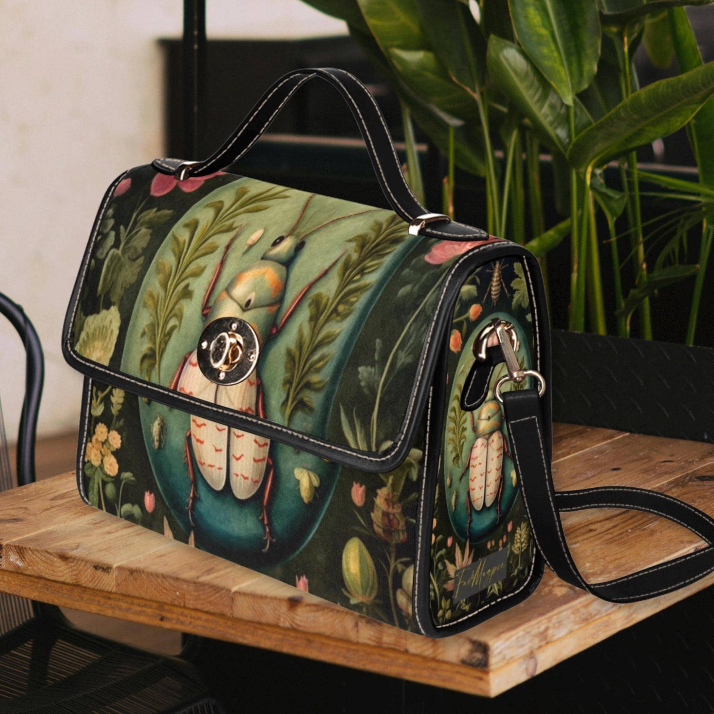 Lady Beetle Dark Cottagecore Canvas Satchel Bag, Top Handle