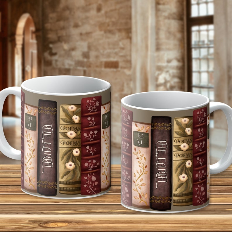 Bookish Cottagecore Mug, dark academia mug, book lover gift, coffee and books cup, librarian style decor, librarycore brown mug, preppy mug, fae and magpie