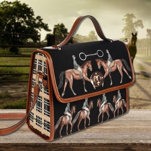 Sac à main noir cartable chevaux équestres, sac d'équitation, cadeau cheval, sac cottagecore, sac à main motif cheval, sac de saut d'obstacles, cadeau cheval