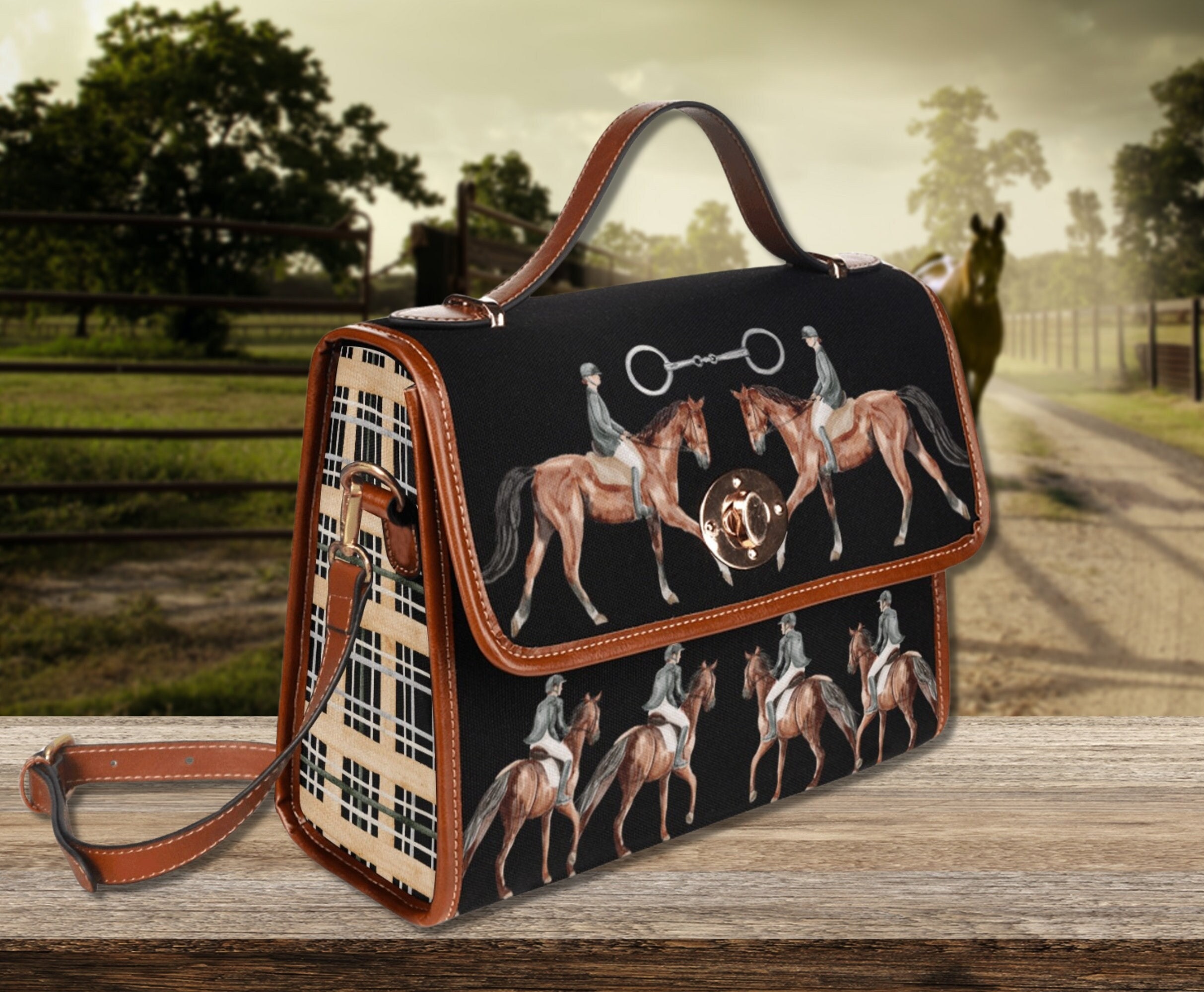 Equestrian Horses Black Satchel Handbag, Horse Riding Bag Equestrian Horses Black Satchel Handbag, Horse Riding Bag