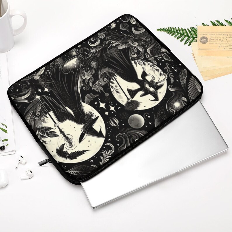 Witches Laptop Sleeve, dark academia laptop case IPad tablet cover, travel case, witchy gift laptop padded bag, witchcore case, witchy moon, fae and magpie