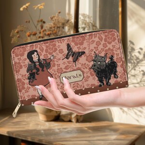 Cartera retro estilo cottagecore para niña y perro, regalo para ella, monedero rosa con cremallera, monedero dorado con cremallera, regalo para amantes de los perros, monedero vintage para niña, regalo adorable para niña