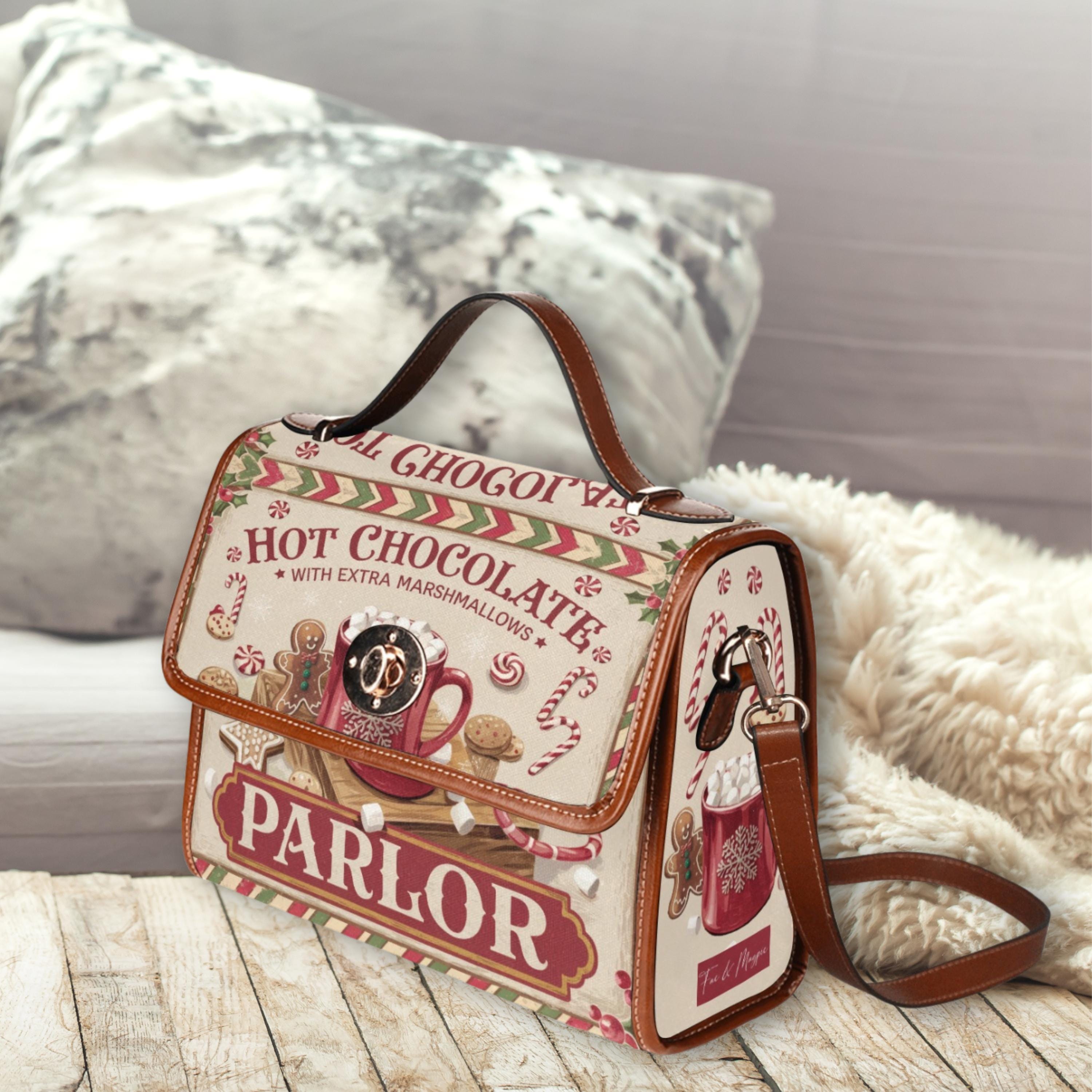 Christmas Leather Handbag Long Straps Chocolate Leather Tote