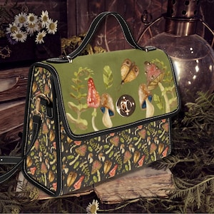 Sac à main Cottagecore Mushroom Witchy Canvas Satchel Bag, sac à main sorcière verte, cadeau witchcore, sac à bandoulière en cuir végétalien, sac goth