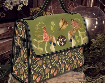 Mushroom Canvas Satchel Bag, Witchy Cottagecore Purse, Vegan Leather