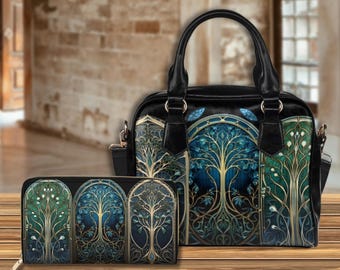 Tree Of Life Bowler Bag Stained Glass Gothic Top Handle Bag Witchy Bag With Shoulder Strap  Dark Cottagecore Original Purse Gift Church Bag