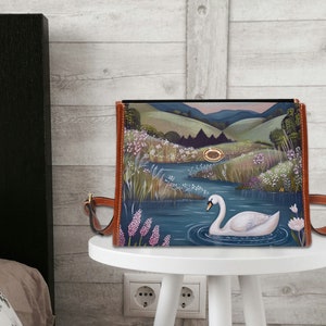 Swan Lake Retro Canvas Satchel Bag, bird cottagecore crossed body bag, blue floral bag, vegan leather bag, swan lover purse gift, white swan, fae and magpie