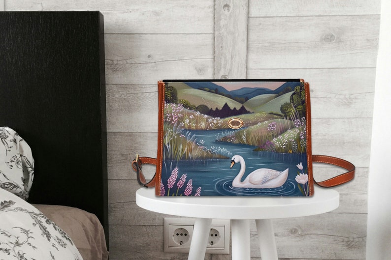 Swan Lake Retro Canvas Satchel Bag, bird cottagecore crossed body bag, blue floral bag, vegan leather bag, swan lover purse gift, white swan, fae and magpie