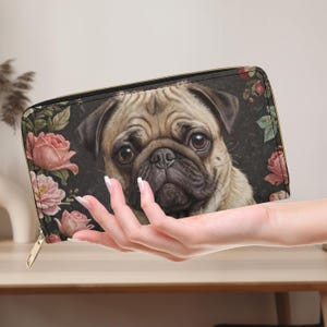 Cartera con diseño de perro Pug, cartera de mano con diseño de Pug, regalo para amantes de los perros, cartera con cremallera con diseño de Pug con pajarita, cartera con estampado animal, cartera original con diseño de Pug negro.