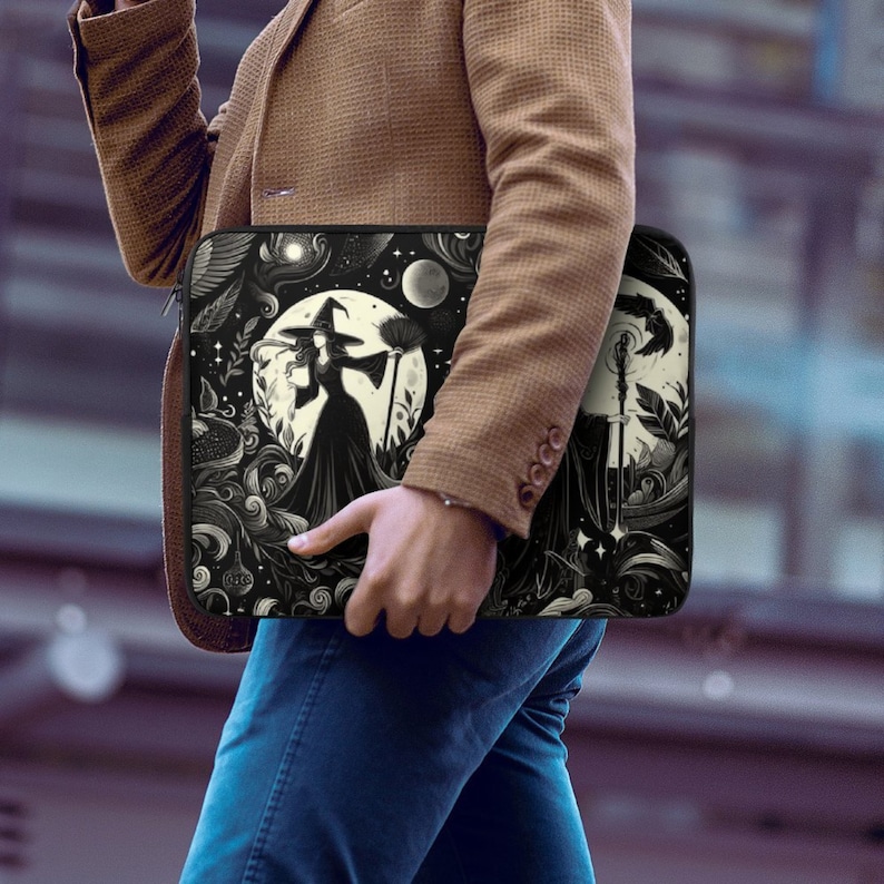 Witches Laptop Sleeve, dark academia laptop case IPad tablet cover, travel case, witchy gift laptop padded bag, witchcore case, witchy moon, fae and magpie