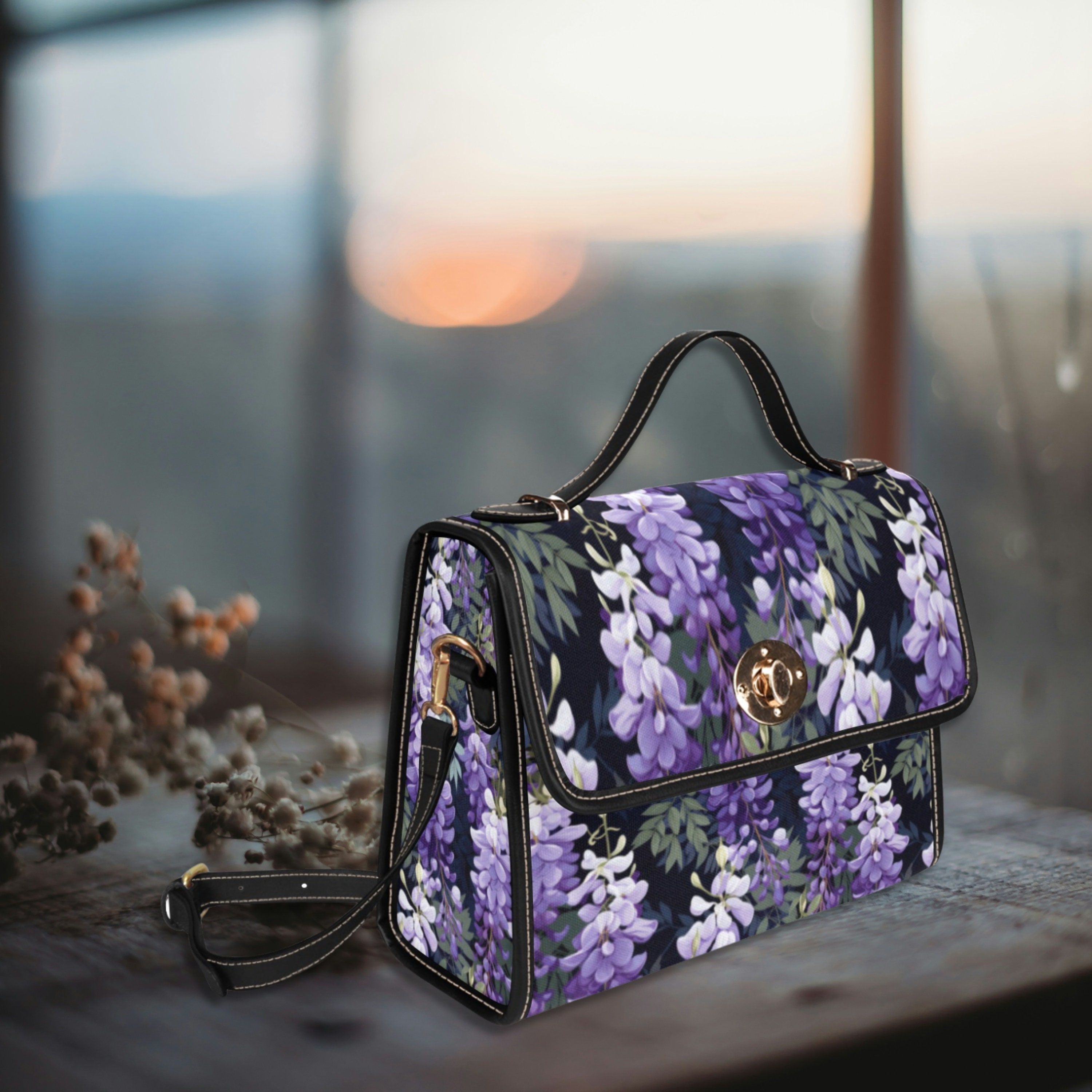 Purple Wisteria Canvas Satchel Bag, Cottagecore Top Handle Bag