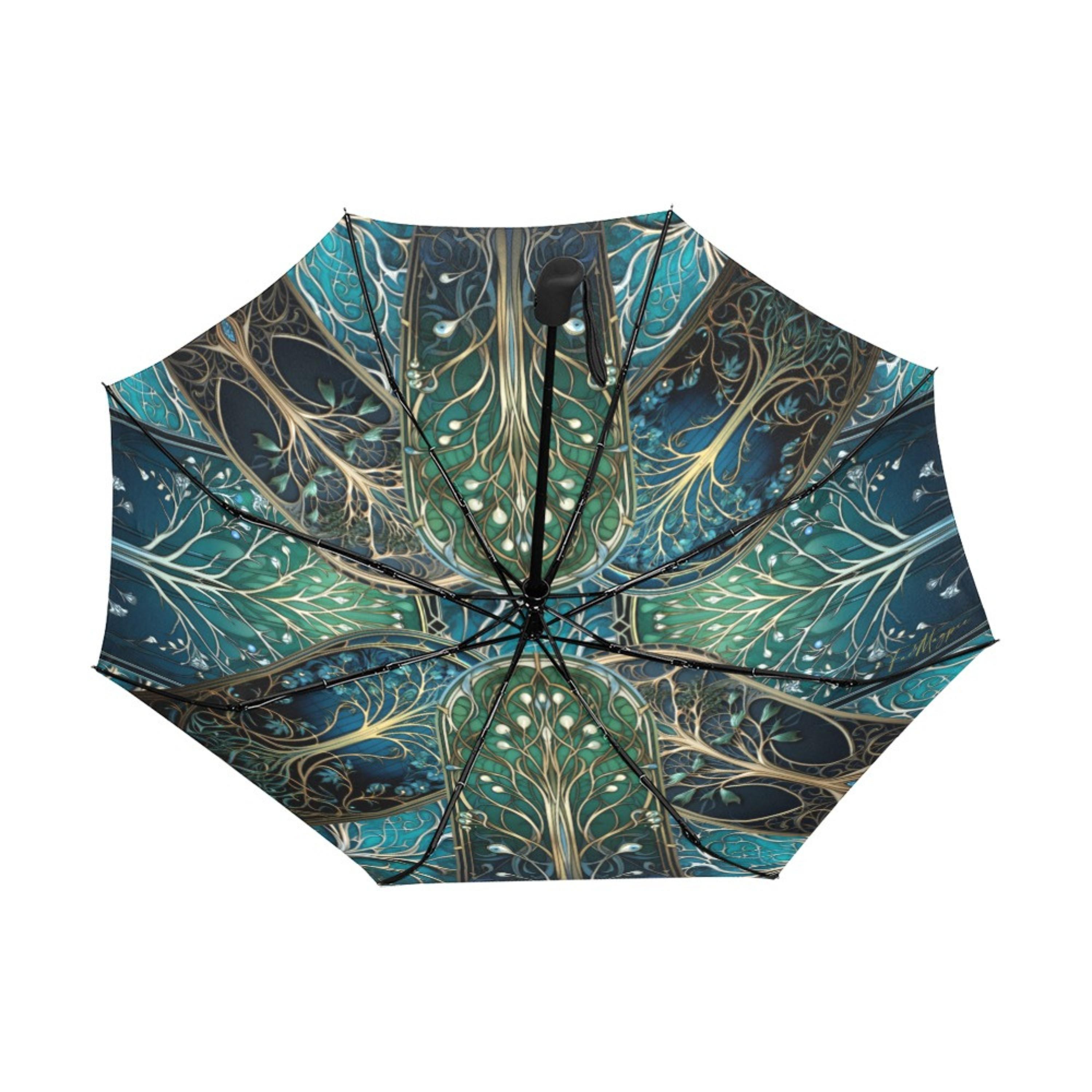 Tree of Life Umbrella Automatic Green Blue and Gold Witchy