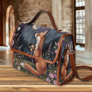 Moon Gaze Fox Purse, dark cottagecore fox, retro satchel handbag, forest fox bag, cute fox bag, vegan leather shoulder bag, fox lover gift, fae and magpie