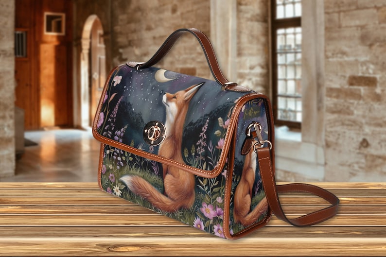 Moon Gaze Fox Purse, dark cottagecore fox, retro satchel handbag, forest fox bag, cute fox bag, vegan leather shoulder bag, fox lover gift, fae and magpie