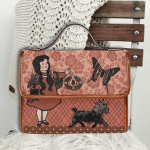 Bolso estilo cartera retro con diseño de chica y perro, estilo cottagecore, con asa superior y correa para el hombro, estilo hippie bohemio rosa, bonito bolso de mano para chica, regalo para amantes de los perros.