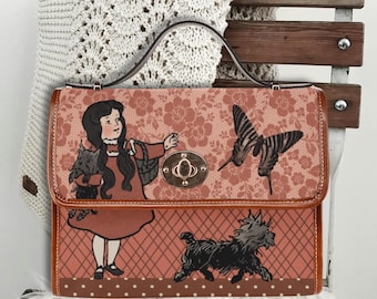 Cottagecore Satchel Bag: Retro Girl and Dog, Boho Hippie Style