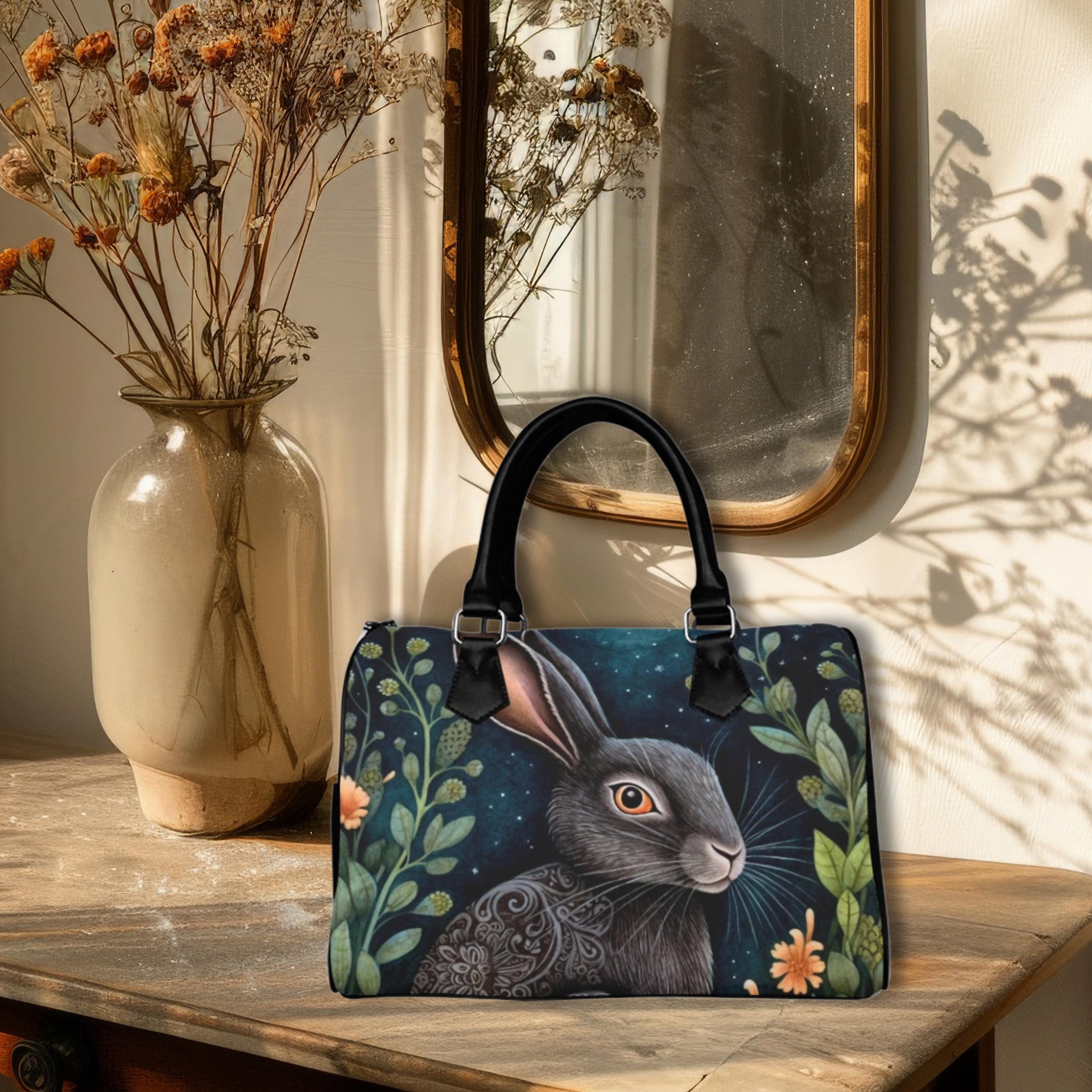 Midnight Hare Boston Bag, Dark Cottagecore Purse, Autumn Fox Bag