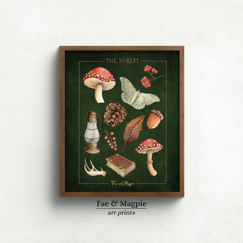 May include: A green background with illustrations of forest elements, including mushrooms, a moth, a pine cone, a leaf, berries, a lantern, a book, and antlers. The text "THE FOREST" is at the top of the image. The text "Fae & Magpie art prints" is at the bottom of the image.