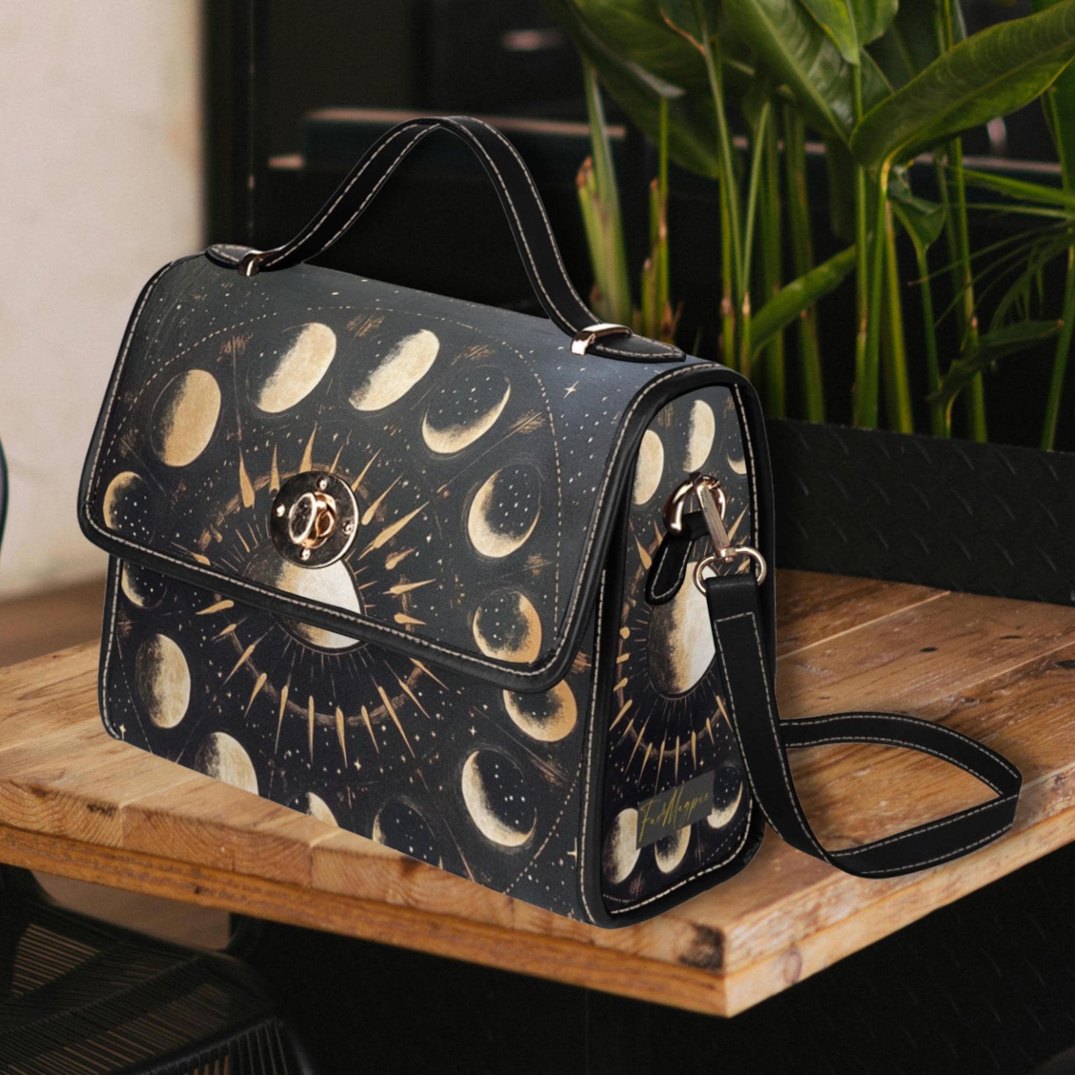 Moon Phase Lunar Witch Dark Academia Canvas Satchel Bag, Dark