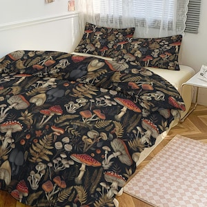 Forest Bed Set, Cottagecore Mushroom Duvet Cover Pillowcase Set, Forestcore 3 Pcs Bedding, Witchy Home Decor, Toadstool Bedroom Home Decor